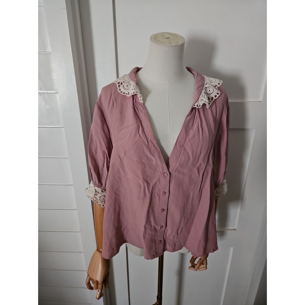 Free People Mauve Pink Lace Collar Button Down Blouse Size L
